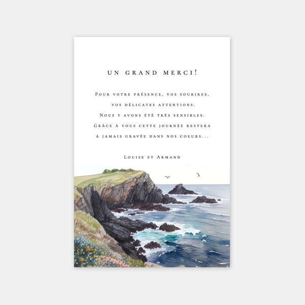 Watercolor Breton coast wedding thank you card