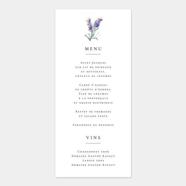 Watercolor Provence wedding menu
