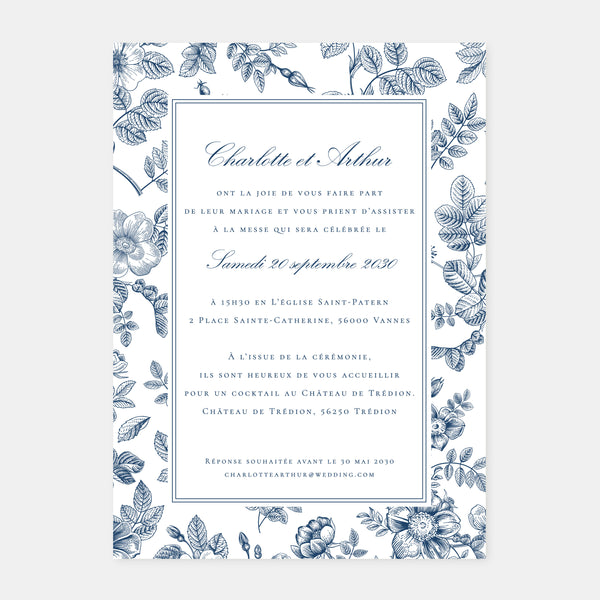 Floral toile de Jouy wedding invitation