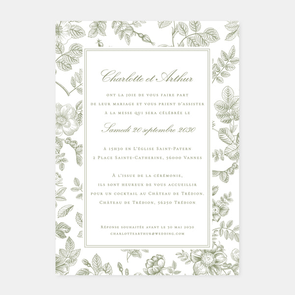 Floral toile de Jouy wedding invitation