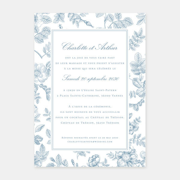 Floral toile de Jouy wedding invitation
