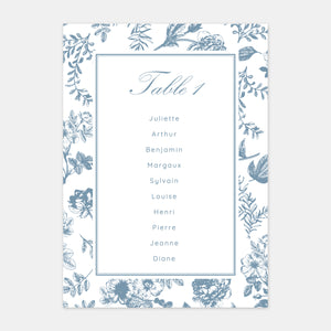 Plan de table de mariage toile de Jouy florale - 5ex