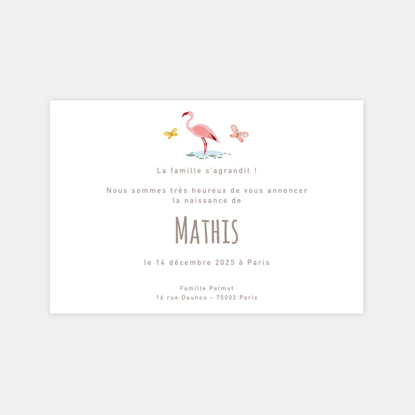 Faire-part de naissance classique flamant rose