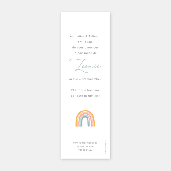 Birth announcement rainbow bookmark