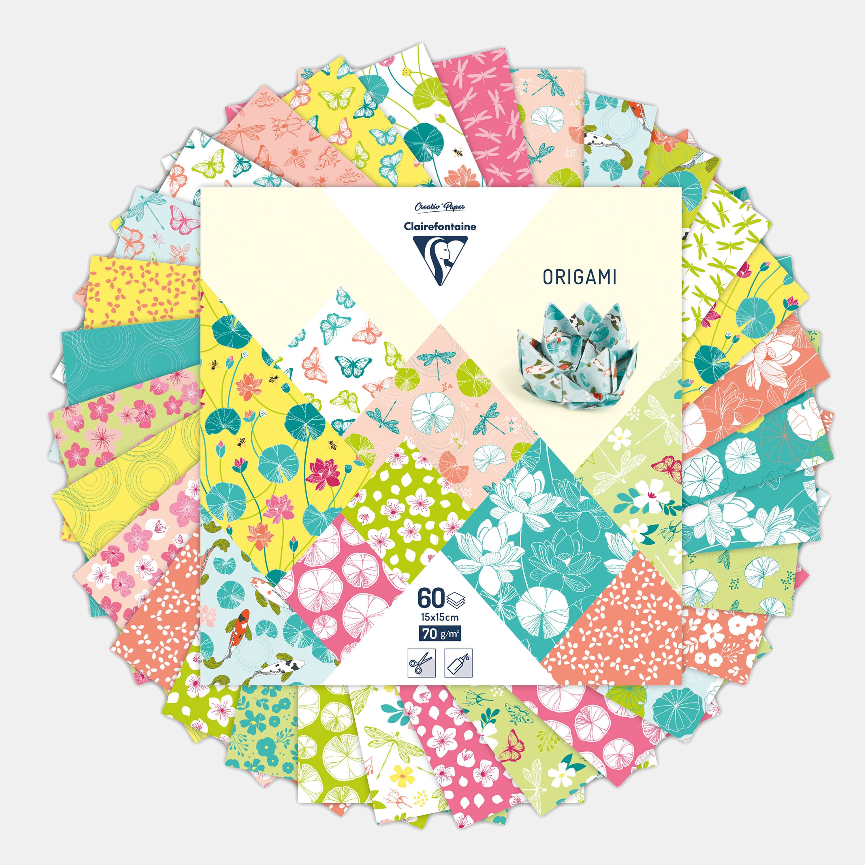 Clairefontaine Origami Jardin Fruité - 60 Feuilles 15x15 Cm 70g/m², 30 Motifs Colorés Recto-Verso, Idéal Enfants Et Adultes