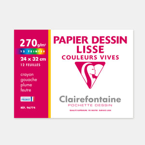 Papier dessin blanc à grain couleurs vives 160g pochette de 12  feuilles-Clairefontaine