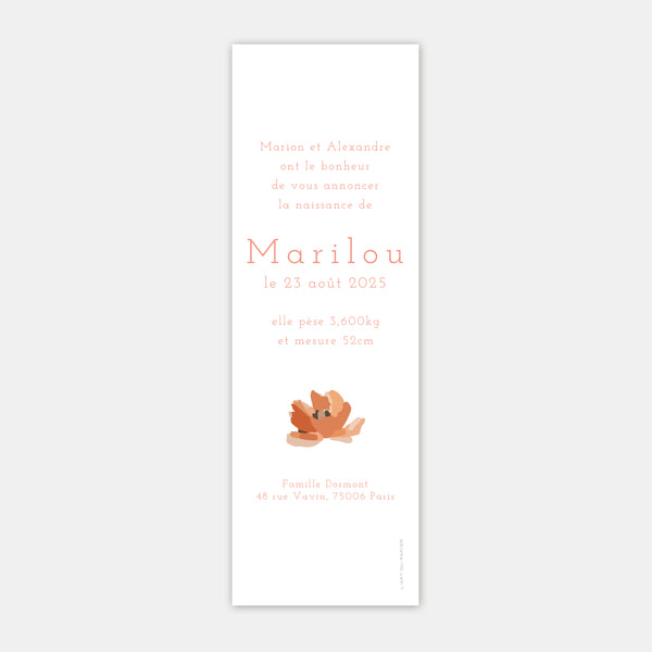 Birth announcement bookmark my first flowers