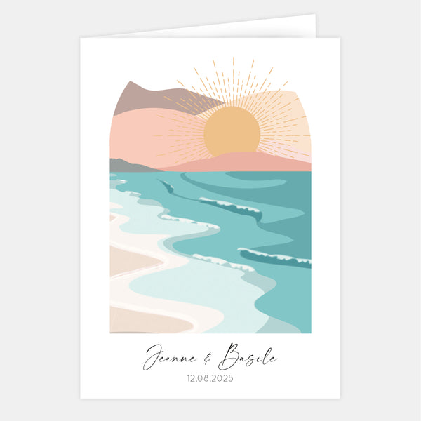 Wedding invitation a window on the sunset beach