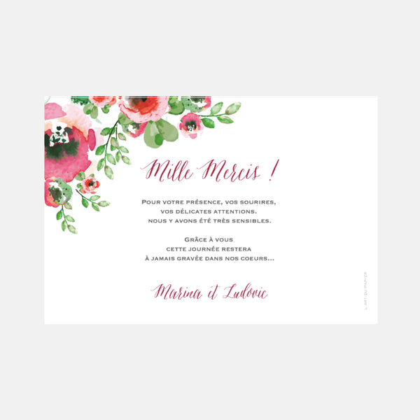 Carton remerciement mariage avec photo Fleurs Aquarelle