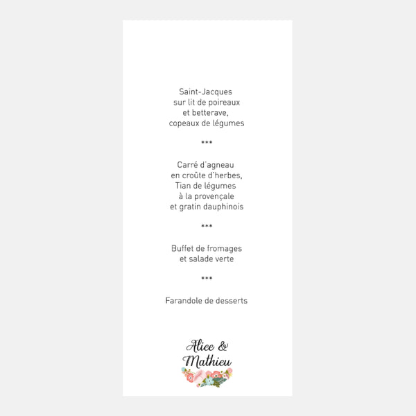 Menu de Mariage Couronne Exotique