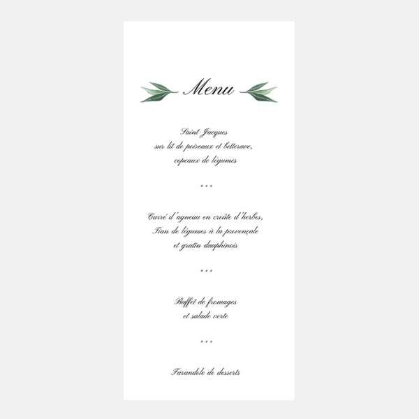 Menu de Mariage Classique Feuillages