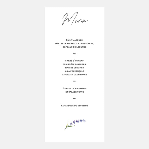 Menu mariage transparence Lavandes