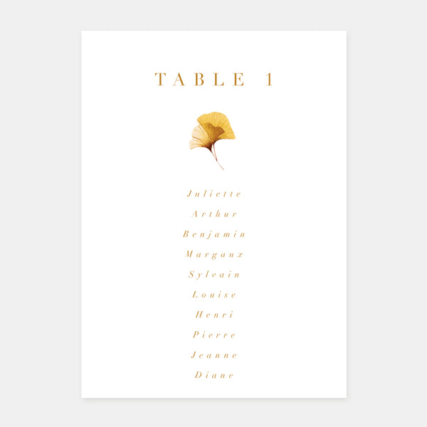 Wedding table plan Ginko biloba watercolor