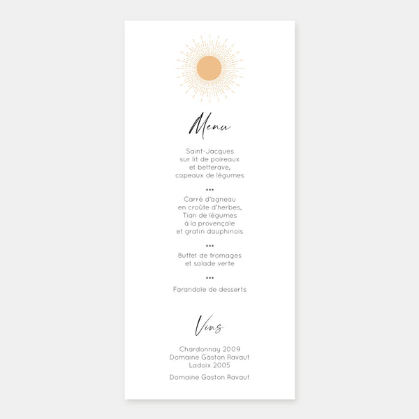 Menu de mariage sunset beach