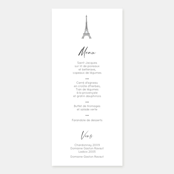 Menu de mariage toit de Paris