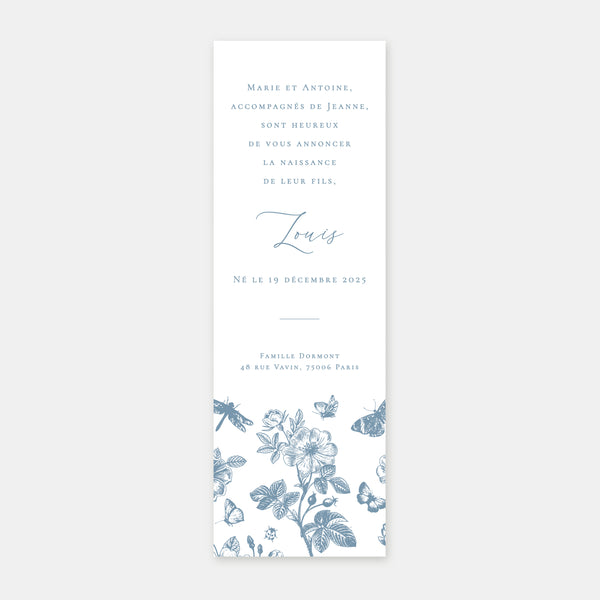 Birth announcement toile de jouy bookmark