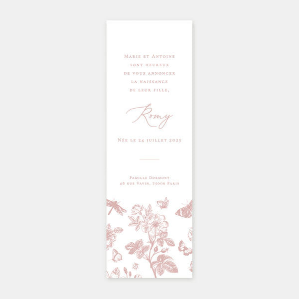 Birth announcement toile de jouy bookmark